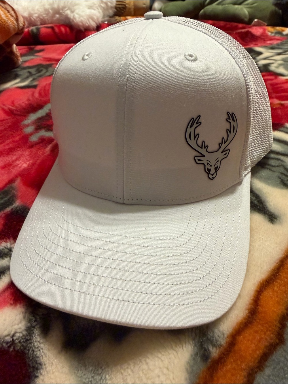 White Mesh Back Bucked Up Trucker Hat with Deer Logo - Men's Accessories